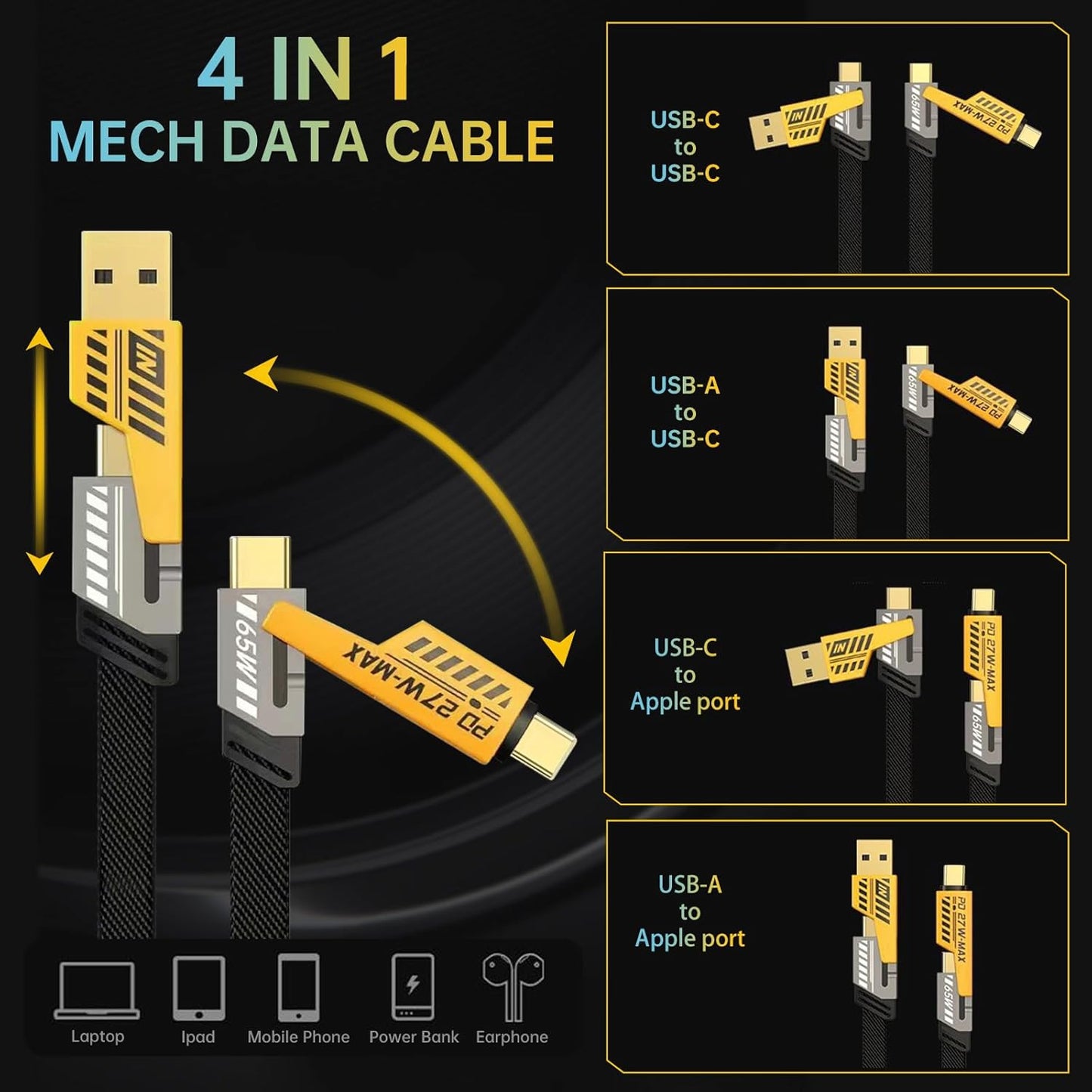 4-in-1 USB-C Cable, PD 65W Fast Charging Cable